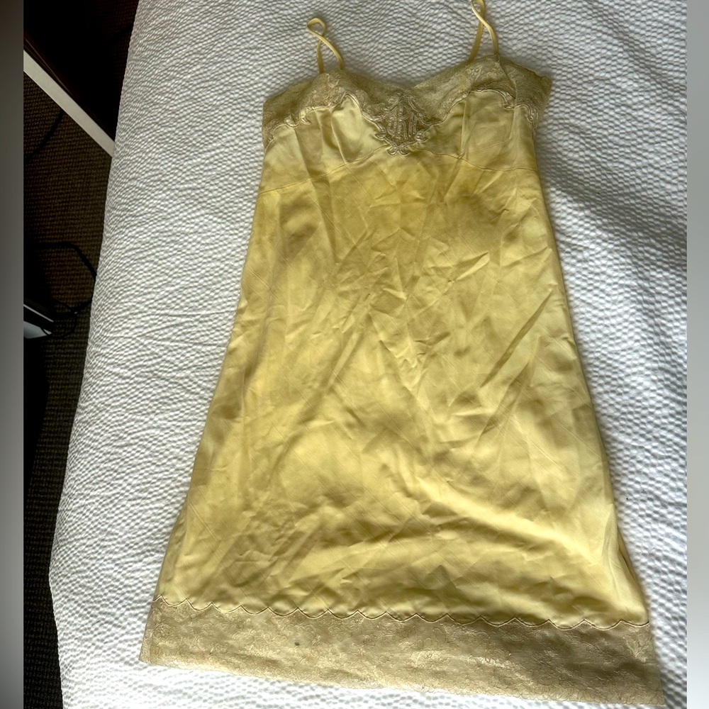 Vintage Bergdorf Goodman Asha Yellow Slip Dress Lingerie Lace Nylon Sz 34